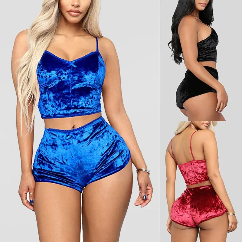 Top Trends: Fashion Women 2pcs Velvet Sleepwear Sexy Spaghetti Strap Velvet Shorts Pajama Set Ladies Sleepwear Female Pajama Party Set Shoppable Styles