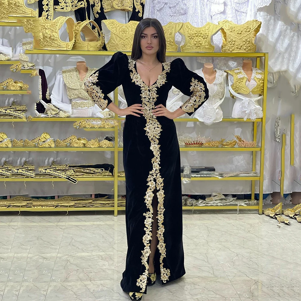 Top Trends: Msikoods Moroccan Caftan Evening Dress Gold Appliques Lace Long Sleeve Black Mermaid Velvet Arabic Prom Gowns Party Dress Shoppable Styles