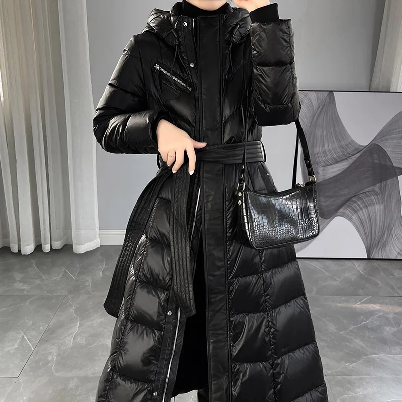 Top Trends: Ladies Winter Long Down Jacket High Grade Zipper Belt Black Navy Blue Down Coat Shoppable Styles