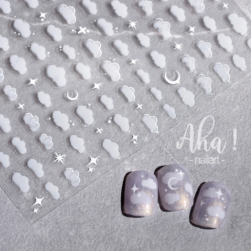 Top Trends: 1Pcs White Cloud / Stars / Moon Nail Art Stickers 8*10cm Cloud Self-Adhesive Decals 3D Kawaii White Cloud Manicure Decoration &*& Shoppable Styles