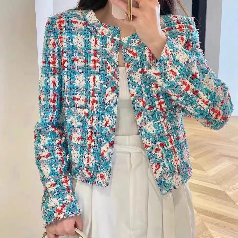 Top Trends: Light Luxury Tweed Plaid Color Matching Short Coat, Feminine, Small Fragrance, Woven Long Sleeve Short Top Shoppable Styles