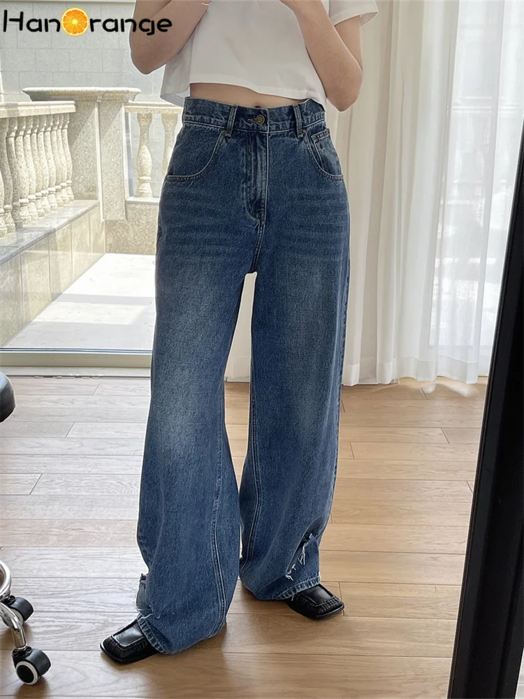 Top Trends: HanOrange 2024 Spring Autumn Fashion Button Ripped Edge Jeans High Waist Wide Leg Pants Loose Vintage Curly Trousers Women Shoppable Styles