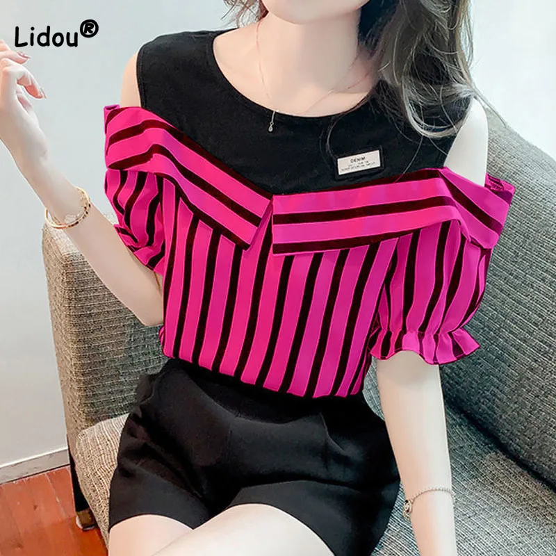 Top Trends: Women&#039;s Fashion Korean Striped Printed Off Shoulder Shirt Summer All-match Casual Two Piece Set Spliced Blouse Female Clothing Shoppable Styles