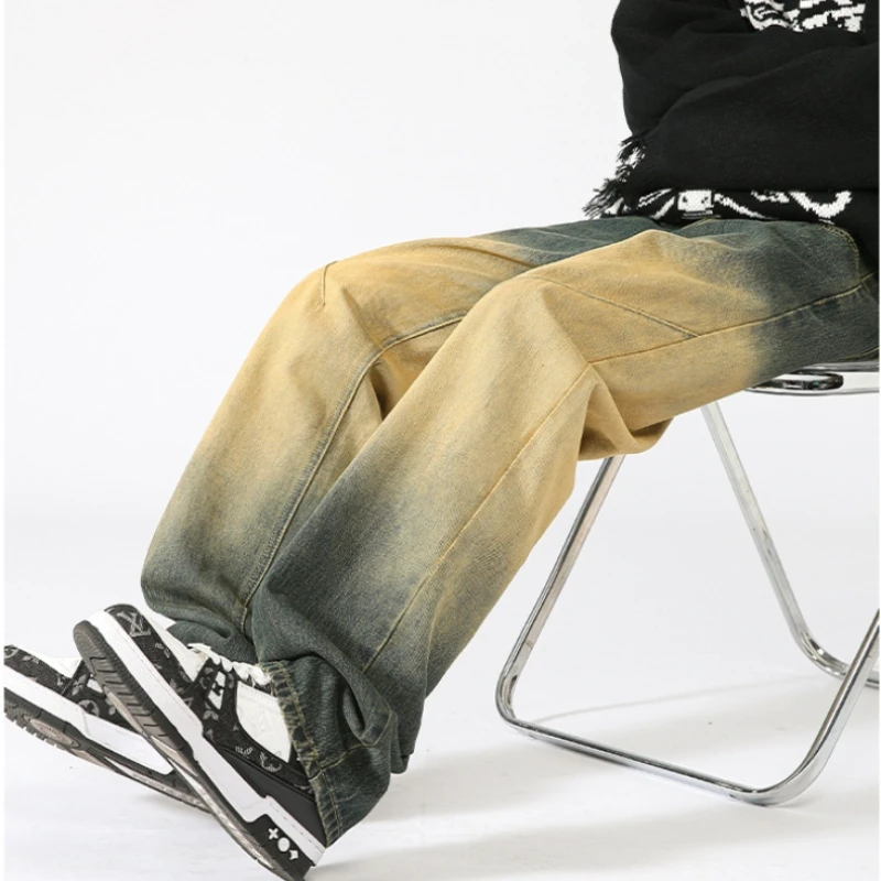 Top Trends: American Gradient Washed Old Jeans Men's Design Loose Tide Straight Pants Stripe Pocket Shoppable Styles