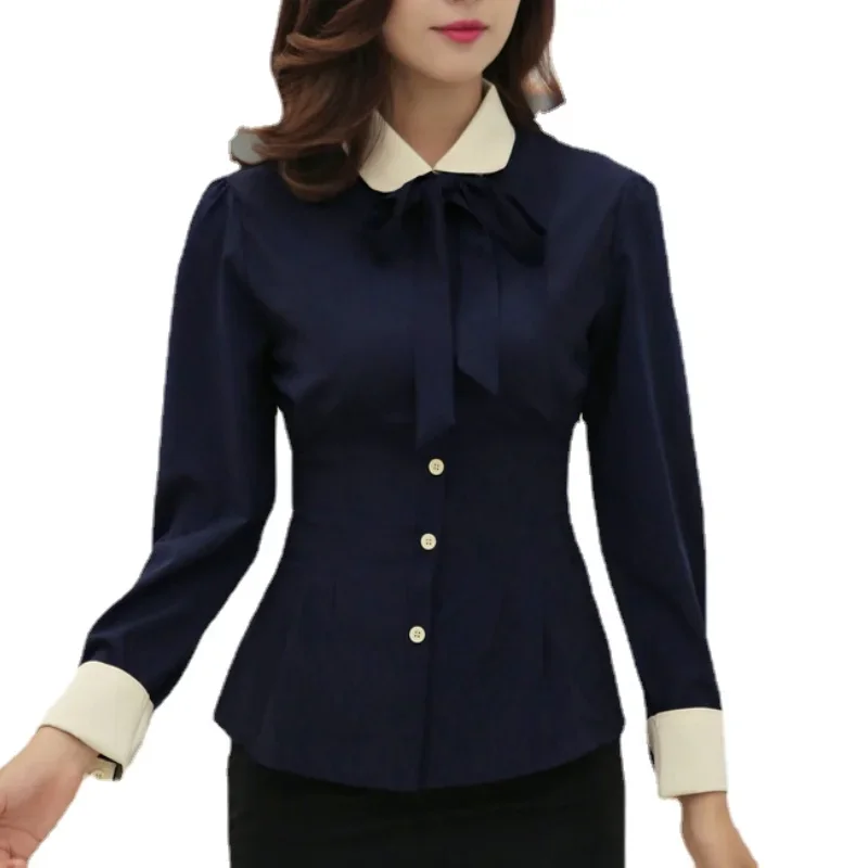 Top Trends: Korean Autumn Navy Blue Blouse Women's Long Sleeve Shirt Slim Fashion Shirts Ladies Bow Blouses Elegant Work Office Tops Blusas Shoppable Styles