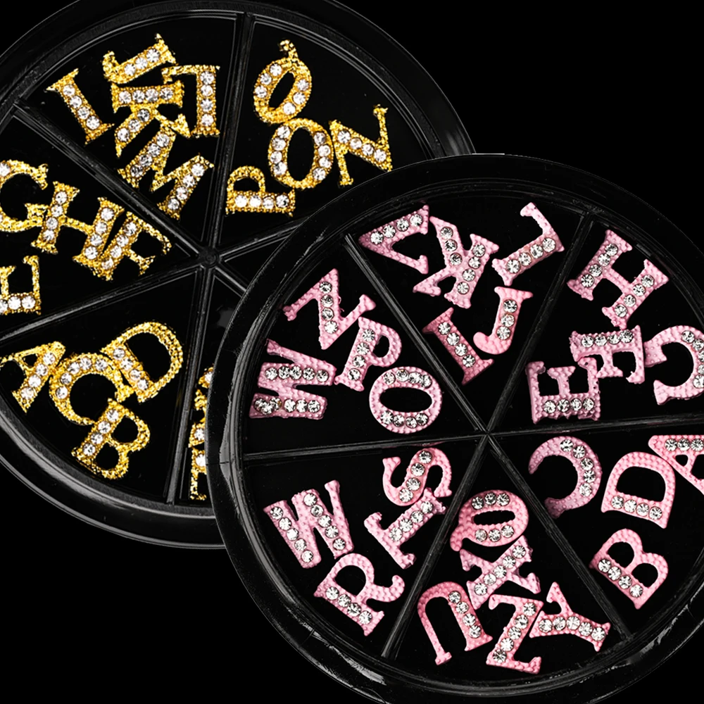 Top Trends: 26Pcs Full Glitter Crystal English Letter Nail Charms Gold / Pink Alloy Metal Nail Art Decoration Alphabet 3D A-Z Manicure Jewelry Shoppable Styles