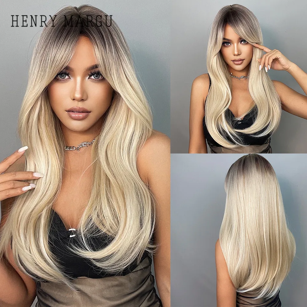 Top Trends: HENRY MARGU Long Blonde White Ombre Synthetic Wig With Bangs Straight Hair Wigs For Women Heat Resistant Cosplay Natural Wigs Shoppable Styles