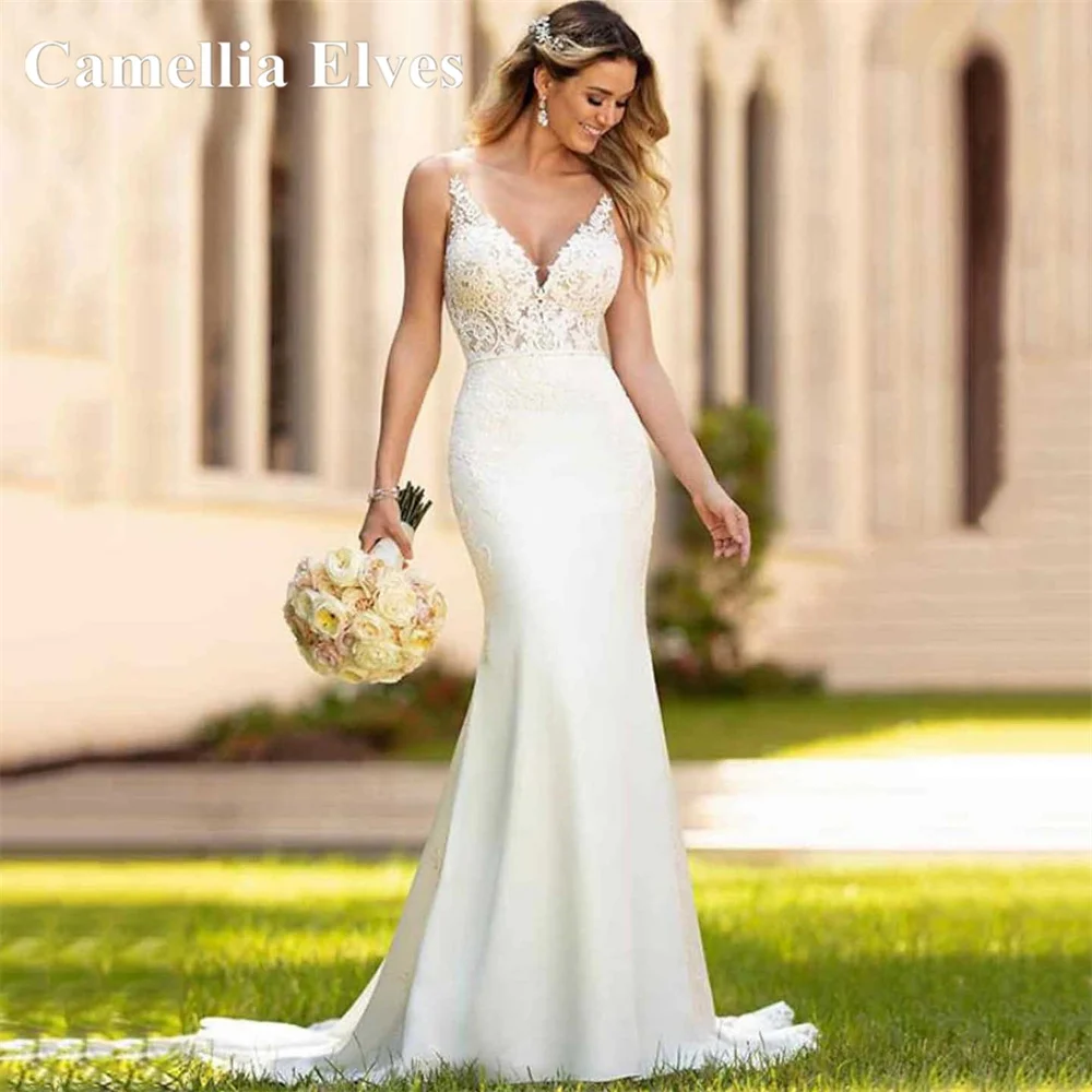 Top Trends: Sexy Mermaid Wedding Dresses V Neck Bride Gowns Sleeveless Bridal Robes Appliques Buttons Backless Lace Charming Robe De Mariée Shoppable Styles