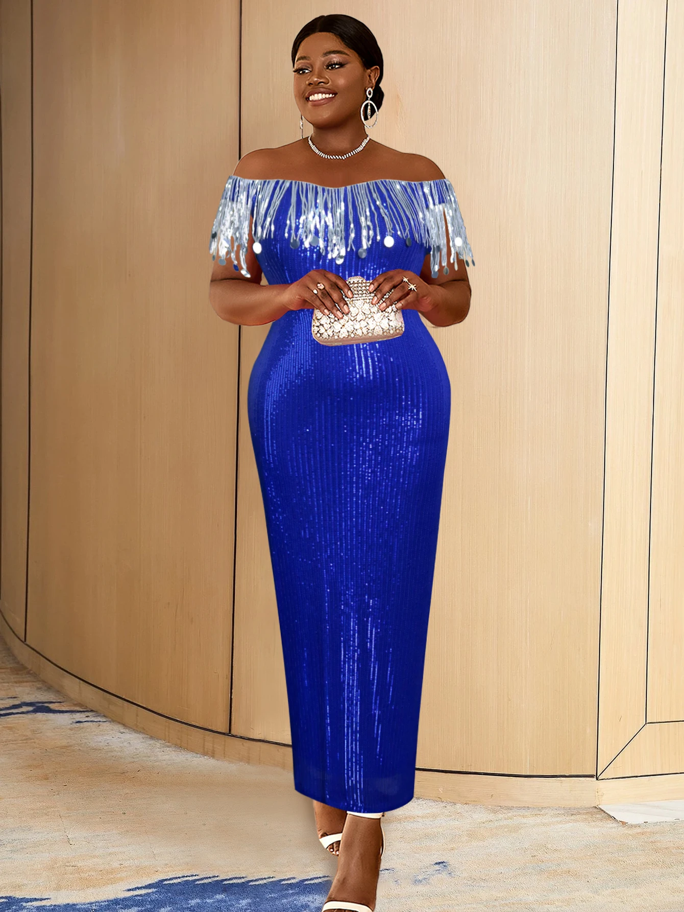 Top Trends: Blue Sequin Party Dress Sexy Off Shoulder Tassel Sparkly Classy African Female Evening Celebrity Event Maxi Gown Big Size 2023 Shoppable Styles