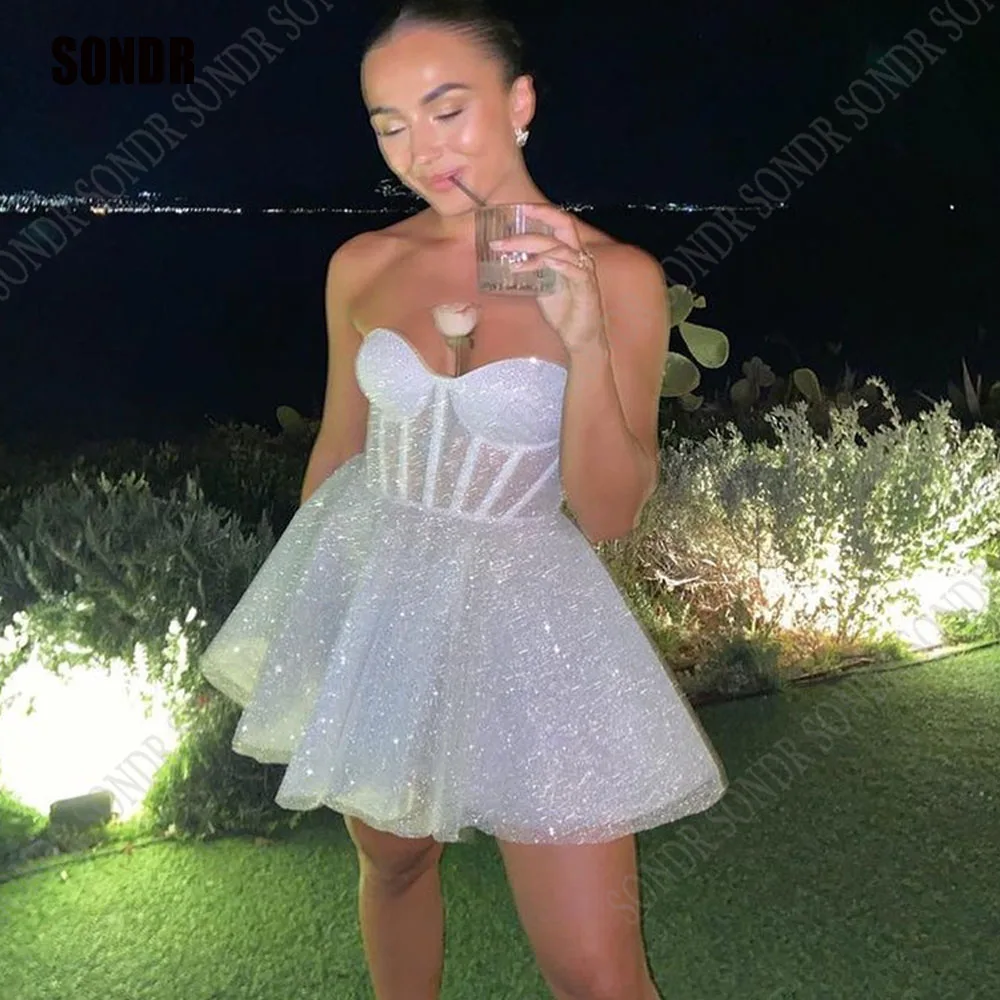 Top Trends: SONDR Luxurious Sexy Mini Glitter Sparkly Wedding Dress Shiny Sequins Robe De Soirée Mini Custom Formal Event Bride Gothic Dress Shoppable Styles