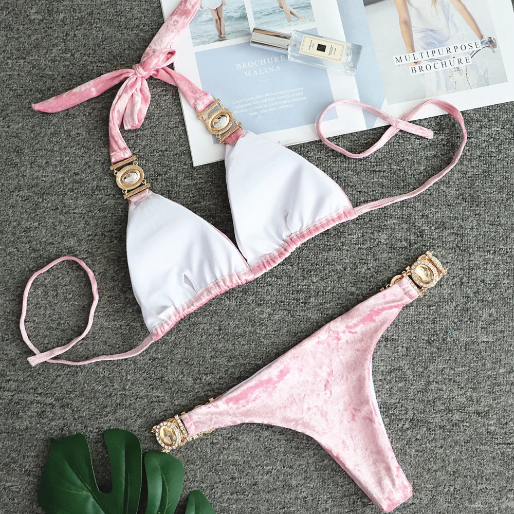 Top Trends: Summer Bikini Set Pink Two Piece Velvet Women's Split Swimsuit Sexy Crystal Swimwear Bathing Suit Beachwear Solid Shoppable Styles - Image 3