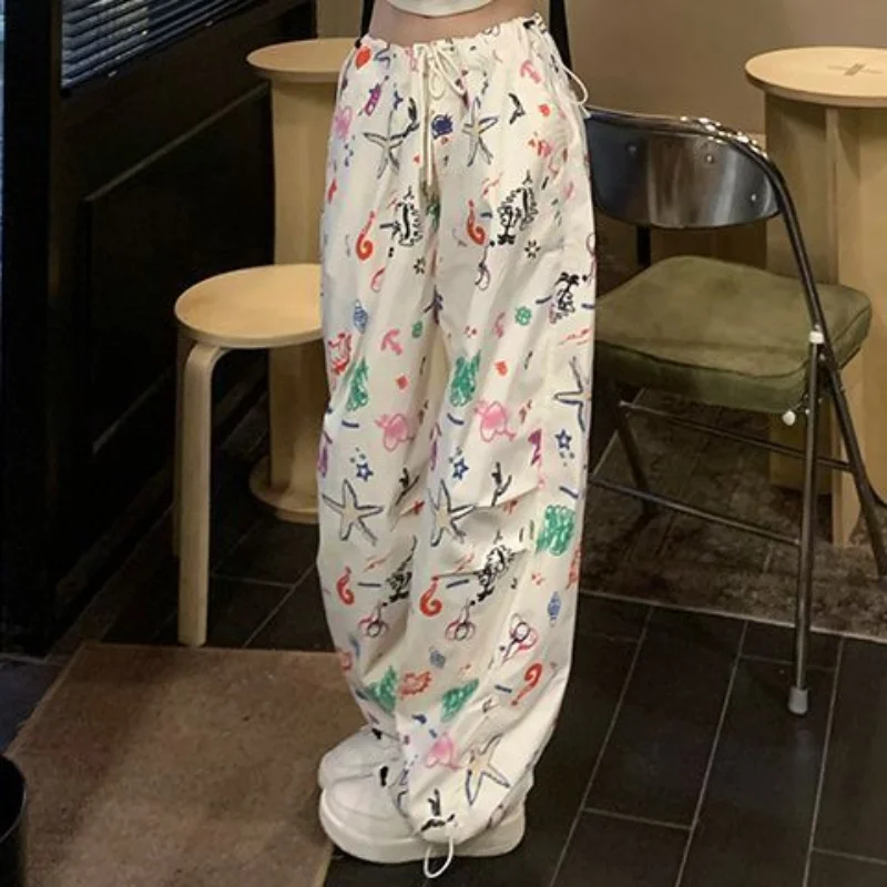 Top Trends: American Retro Hip Hop Women Fun Graffiti Print Sweatpants Spring Summer Thin Fashion High Waist Pockets Loose Straight Trousers Shoppable Styles