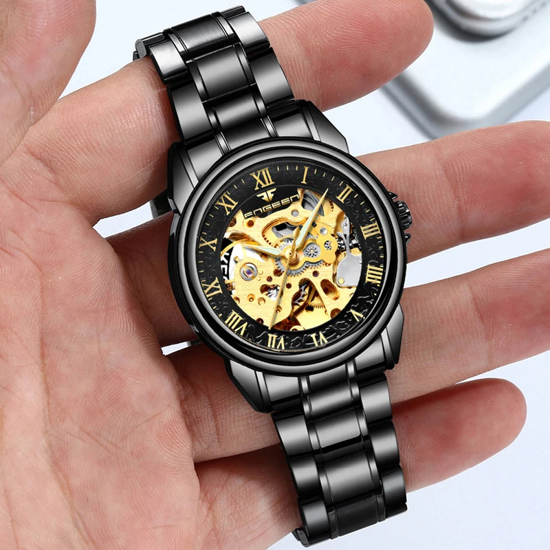 Top Trends: FNGEEN Gold Skeleton Mechanical Watch For Men Stainless Steel Band Waterproof Luminous Classic Mens Watches Top Brand Luxury Shoppable Styles