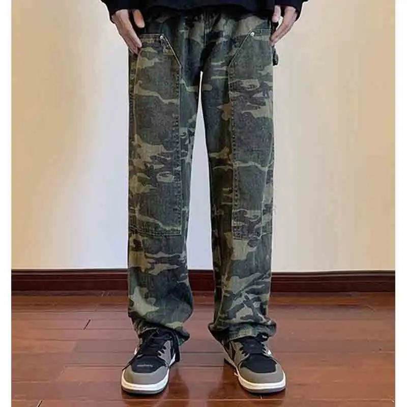 Top Trends: American Hiphop Street Trend Camouflage Workwear Pants Men&#039;s Button Zipper Pockets Patchwork Loose Straight Wide Leg Vibe Jeans Shoppable Styles