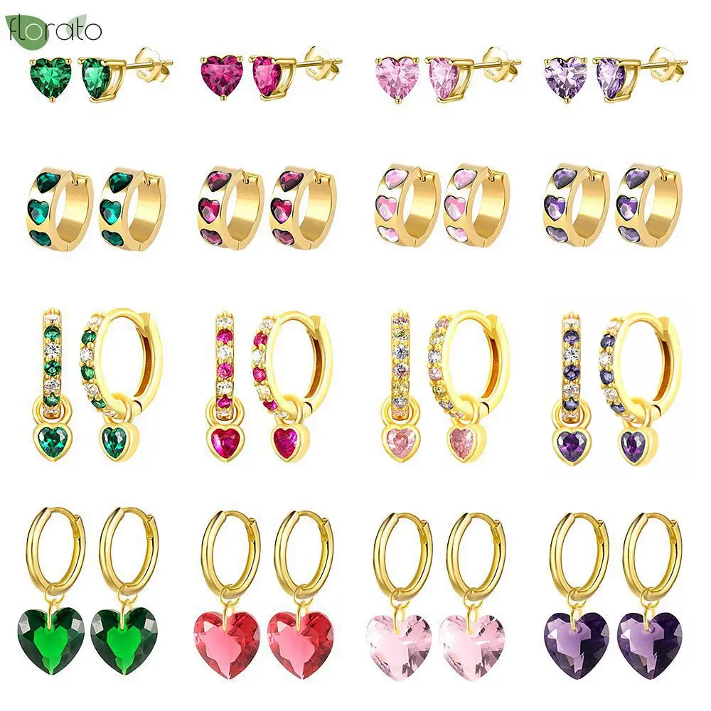 Top Trends: 925 Sterling Silver Needle Colorful Crystal Heart Pendant Earrings Girls Cute Small Hoop Earrings For Women Trend Jewelry Gifts Shoppable Styles