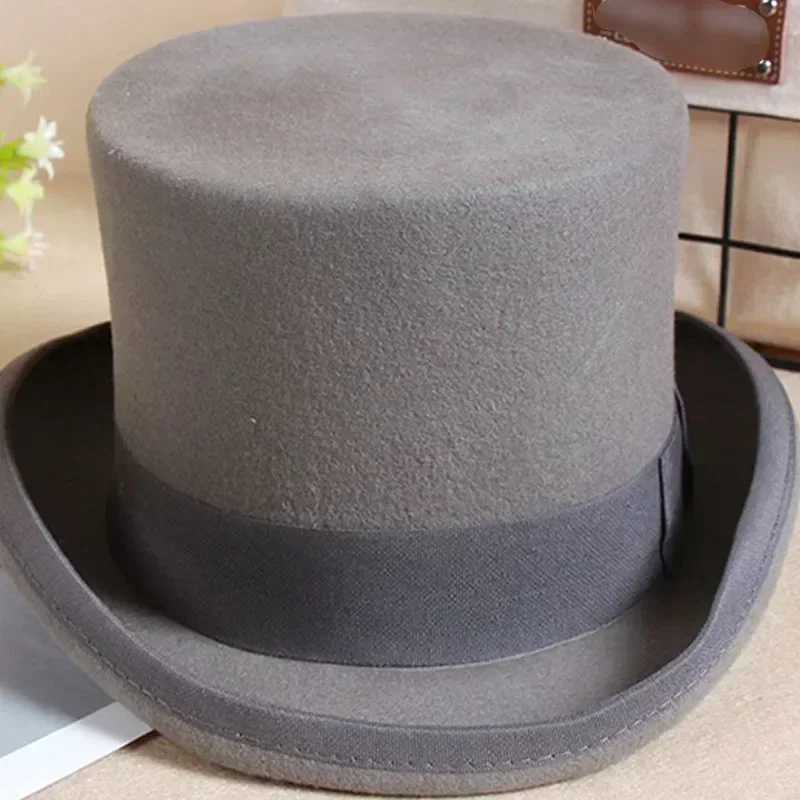 Top Trends: 2024 Wool Flat Man Top Hat Fashion Fedora Versatile Magician Cap Gentleman Cylinder Strap Steampunk Hat Elegant Black 55575961 Shoppable Styles - Image 3