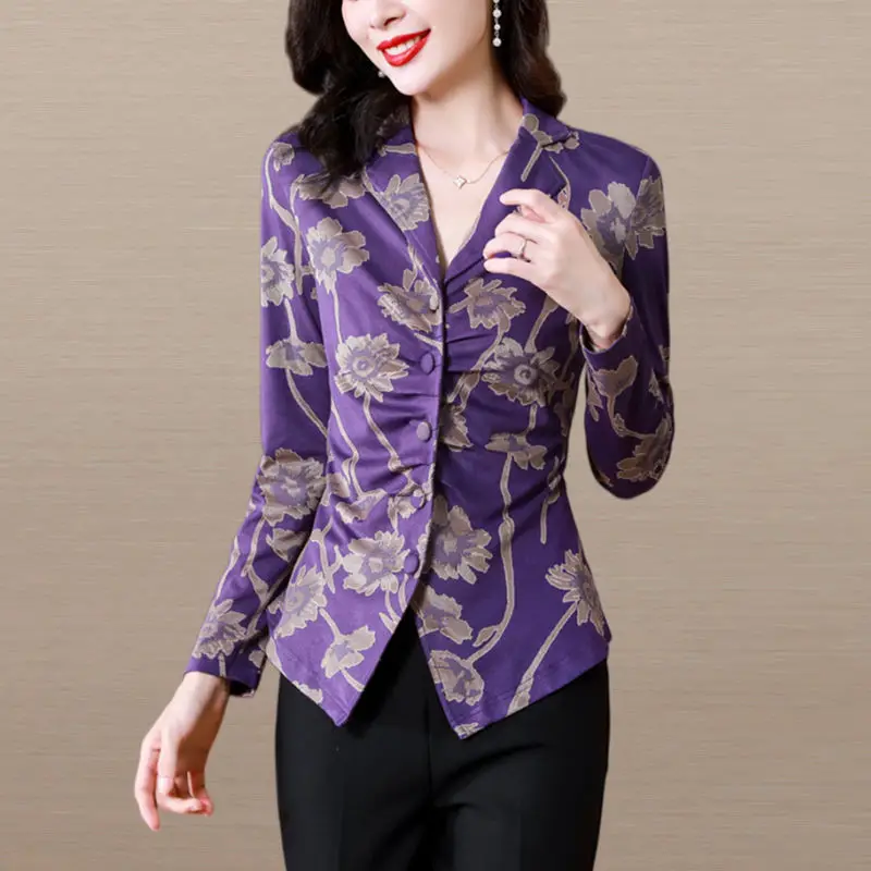 Top Trends: Commute Vintage Floral Printed Blouse Women&#039;s Clothing Stylish Folds Waist Spring Autumn Tailored Collar Single-breasted Shirt Shoppable Styles