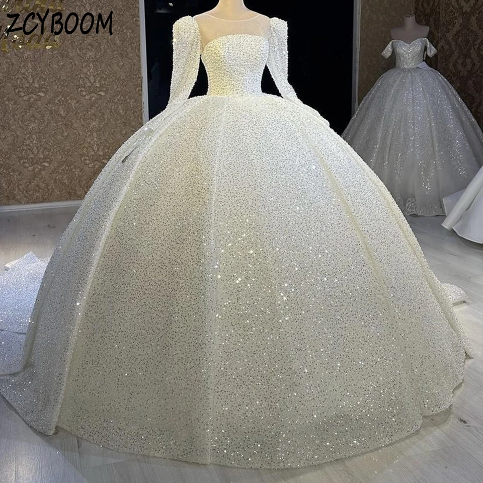 Top Trends: Luxury O-Neck Sequin Beaded Full Sleeves Wedding Dress 2023 Ball Gown Floor Length Sweep Train Lace Up Custom Made Bridal Gown Shoppable Styles