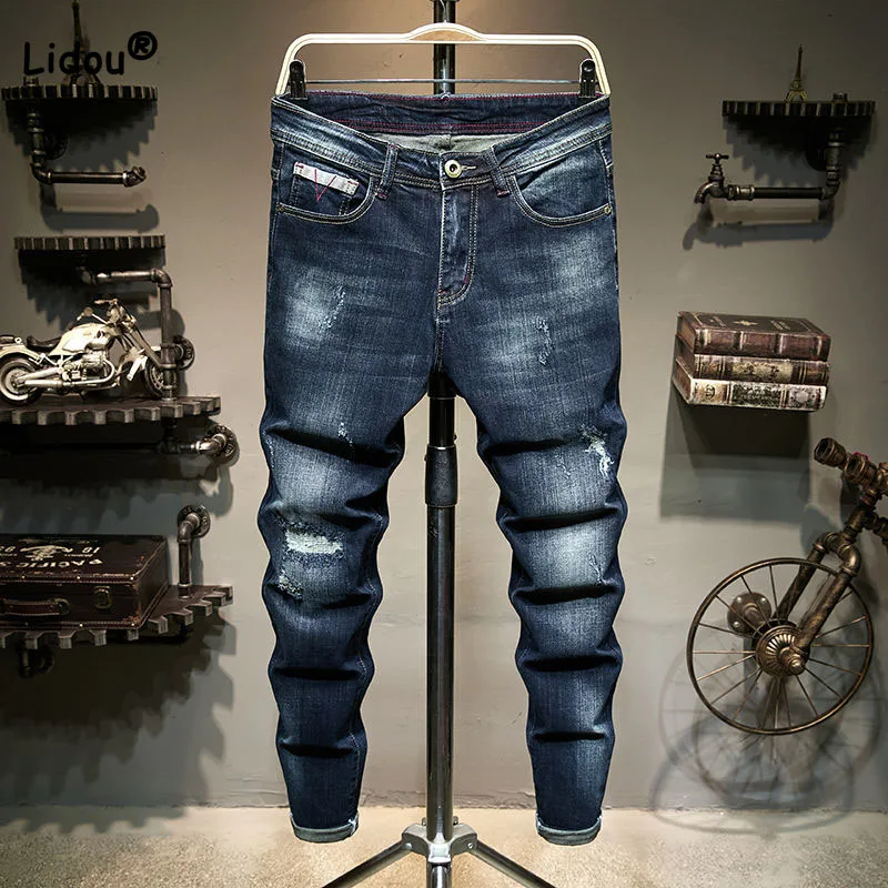 Top Trends: Spring Summer Casual Trend Men's Hole Jeans 2023 New Fashionable Streetwear Slim Mid Waist Denim Pencil Trousers Male Clothes Shoppable Styles