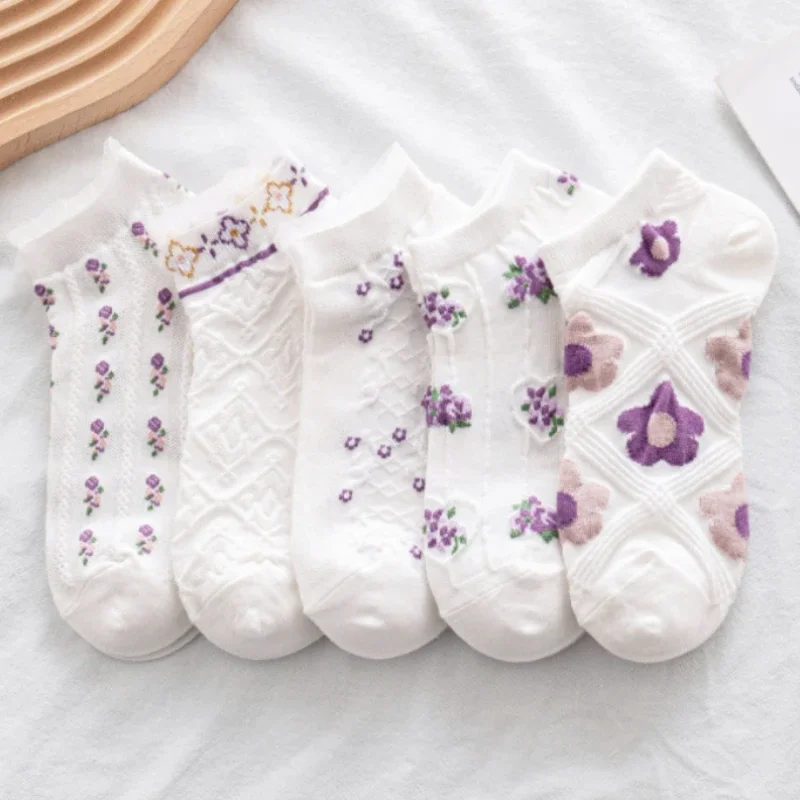 Top Trends: 5 Pairs Socks Women Flower Ankle Cute Low Cut Breathable Cartoon Skarpetkie Style Floral Invisible Short Soft Sock Summer Spring Shoppable Styles