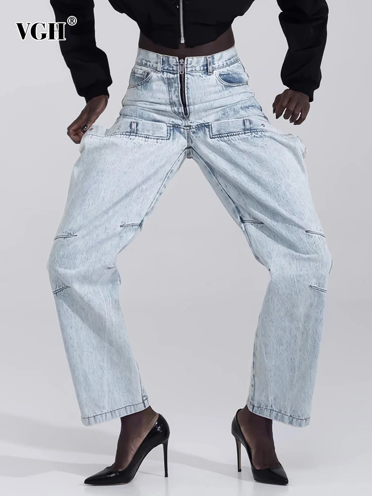 Top Trends: VGH Irregular Hollow Out Spliced Button Jeans For Women High Waist Patchwork Zipper Streetwear Denim Long Trousers Female Style Shoppable Styles