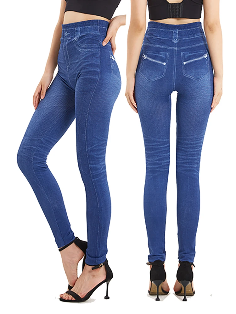 Top Trends: CUHAKCI Stretchy Zipper Print Fake Jeans Women Pants Casual High Waist Leggings Soft Denim Plus Size Trouses Dropshipping Shoppable Styles