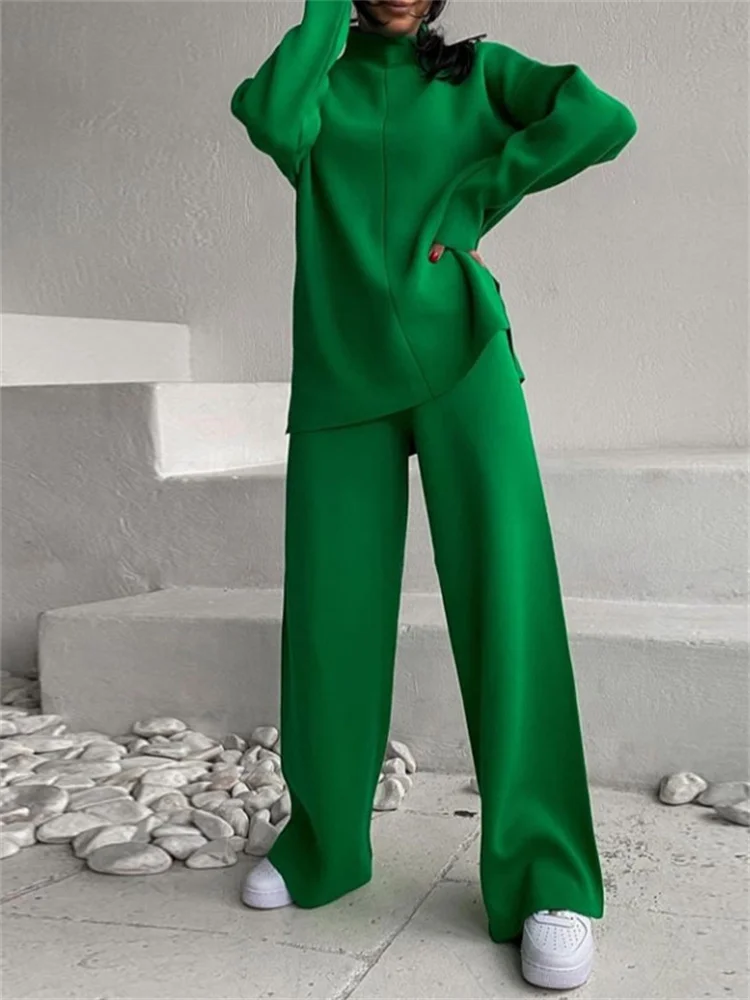 Top Trends: Knitted Women&#039;s Trousers Suit 2 Two Piece Sets Outfits Green 2022 Long Sleeve Knitting Wide Leg Pants Sets Female Casual Suits Shoppable Styles