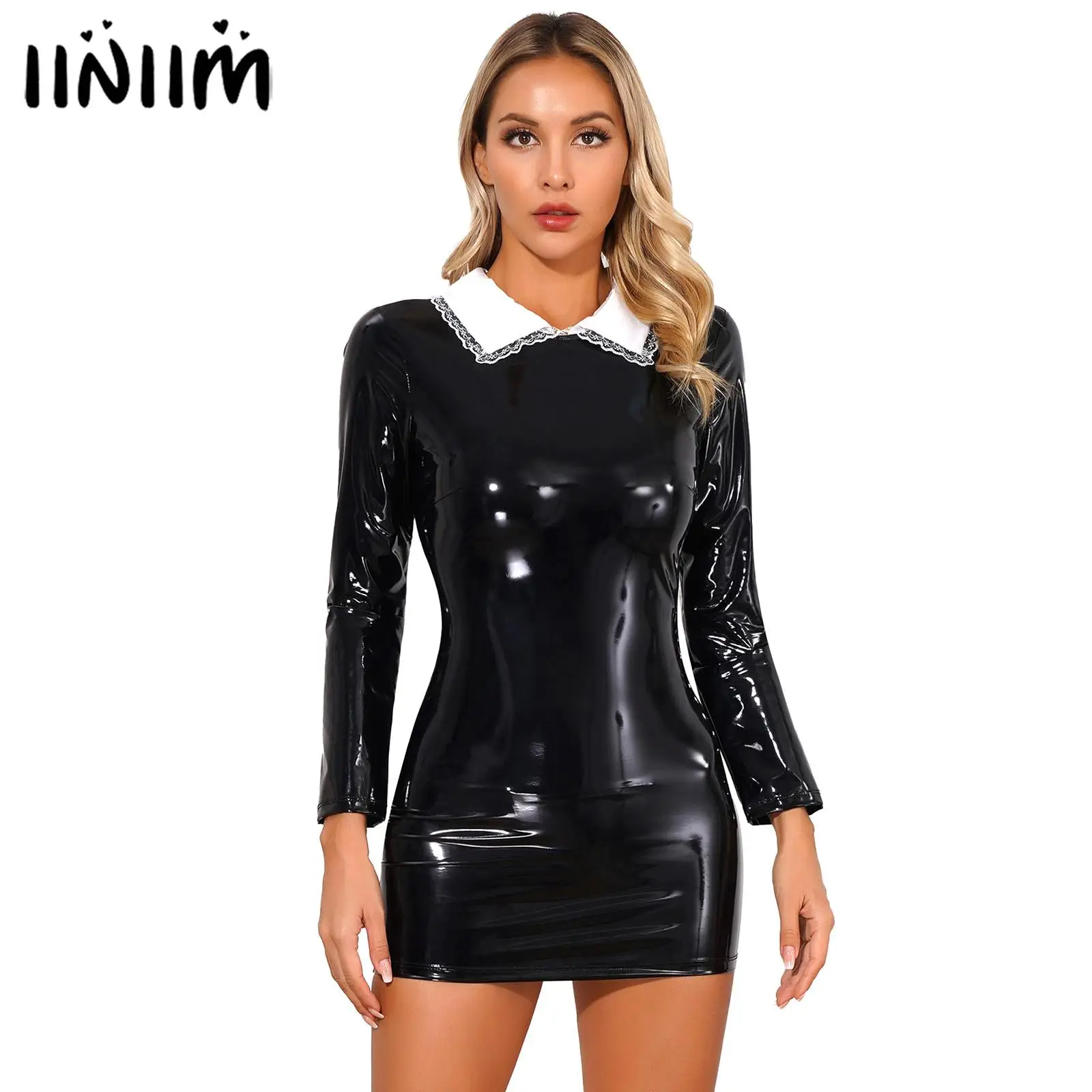 Top Trends: Womens Glossy Patent Leather Mini Dress Long Sleeve Satin Collar Back Zipper Bodycon Dress Gothic Clubwear Punk Costumes Shoppable Styles