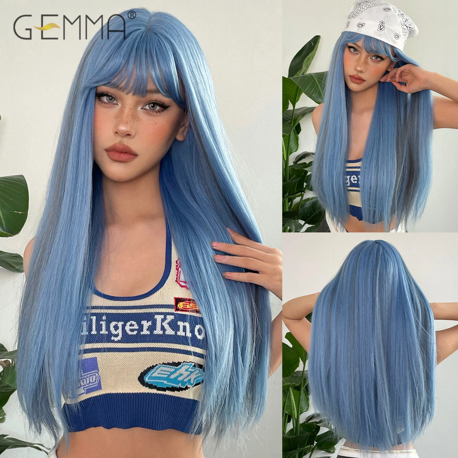 Top Trends: GEMMA Long Straight Synthetic Wigs With Bangs Light Blue Gray Cosplay Wigs For Women Party Daily Heat Resistant Natural Hair Shoppable Styles