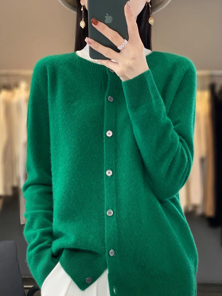 Top Trends: New Chic Spring Women‘s O-neck Grace Cardigan Sweater 100% Merino Wool Solid Cashmere Knitted Female Clothing Korean Style Tops Shoppable Styles