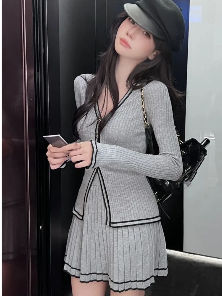 Top Trends: Elegant Knitted Two-piece Set Women Single Breasted V-neck Cardigan + Mini Pleated Skirt Autumn Spring Y2K Slim Fit Outfits 2023 Shoppable Styles