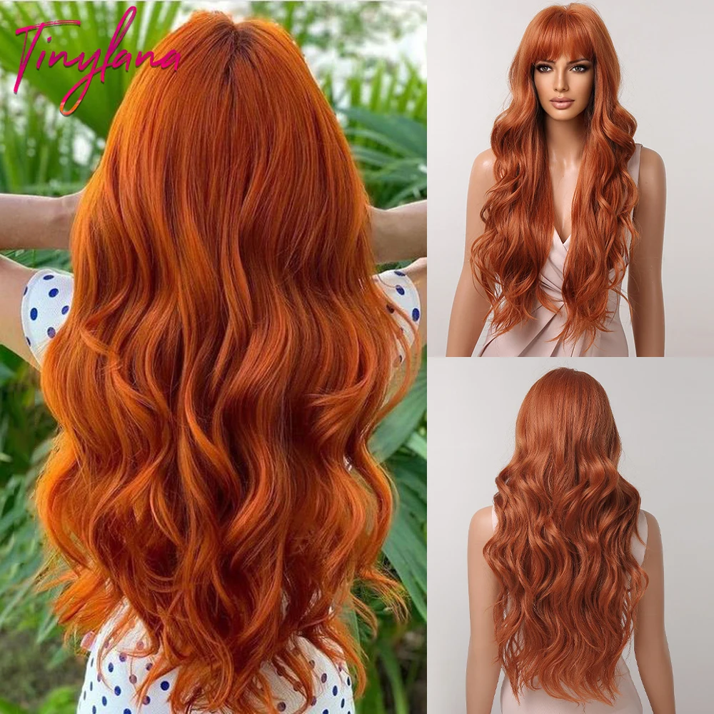 Top Trends: Orange Copper Red Yellow Synthetic Wigs Long Wavy Ginger Wig With Bangs For Women Natural Cosplay Body Wave Heat Resistant Hair Shoppable Styles