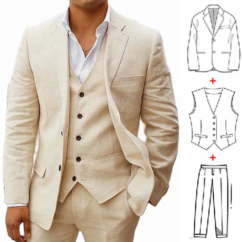 Top Trends: 3 Piece Linen Summer Men Suits For Wedding Groom Tuxedos 2023 Casual Beach Custom Man Suit Set Jacket Vest With Pants Man Fahion Shoppable Styles