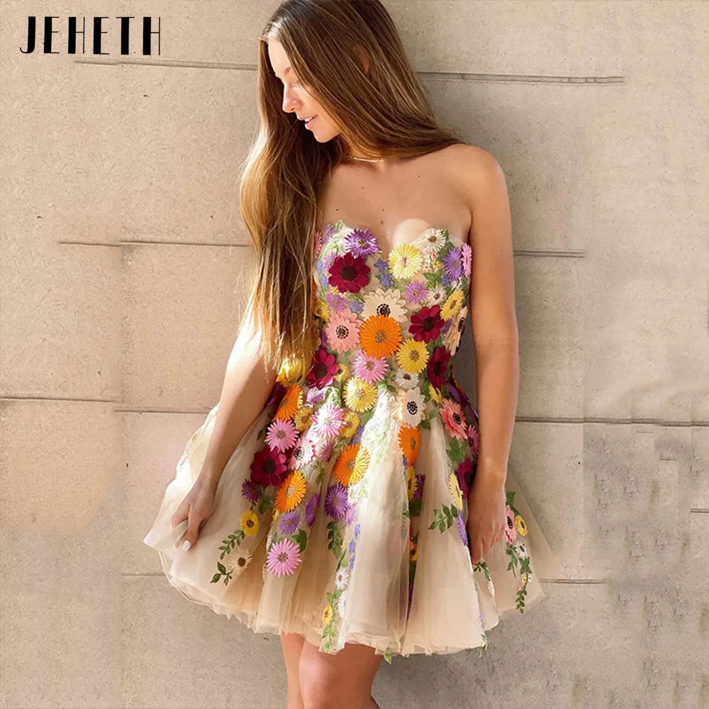 Top Trends: JEHETH Champagne Strapless Flowers Tulle Mini Prom Homecoming Dress Exquisite Sweetheart A Line Evening Party Graduation Gown Shoppable Styles