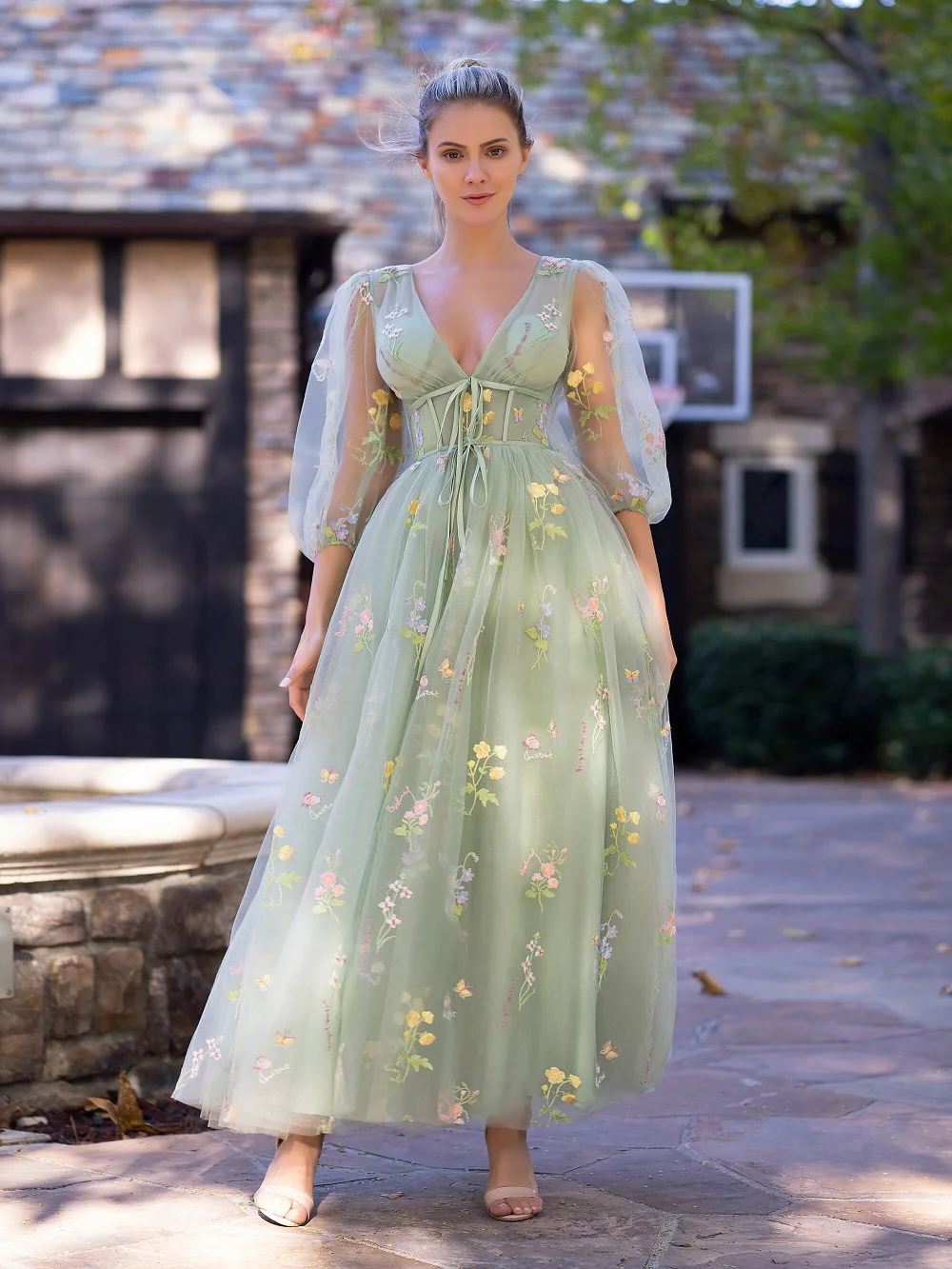 Top Trends: Sweetheart Embroidery Prom Dress Women A Line Tea-Length Green Tulle Puff Sleeves Floral Corset Midi Formal Evening Party Gowns Shoppable Styles