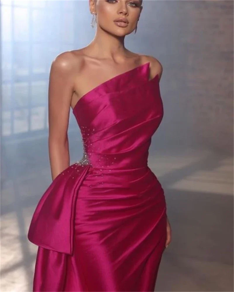 Top Trends: Fuchsia Wine Sexy Prom Dresses Mermaid Satin Pleat High Side Slit Party Gowns Strapless Evening Dresses Vestidos De Noche 2023 Shoppable Styles