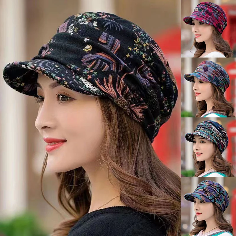 Top Trends: 5 Colors Short Wide Brim Floral Print Earflap Hat Ethnic Windproof Foldable Warm Women Autumn Winter Outdoor Daily Cap Free Size Shoppable Styles