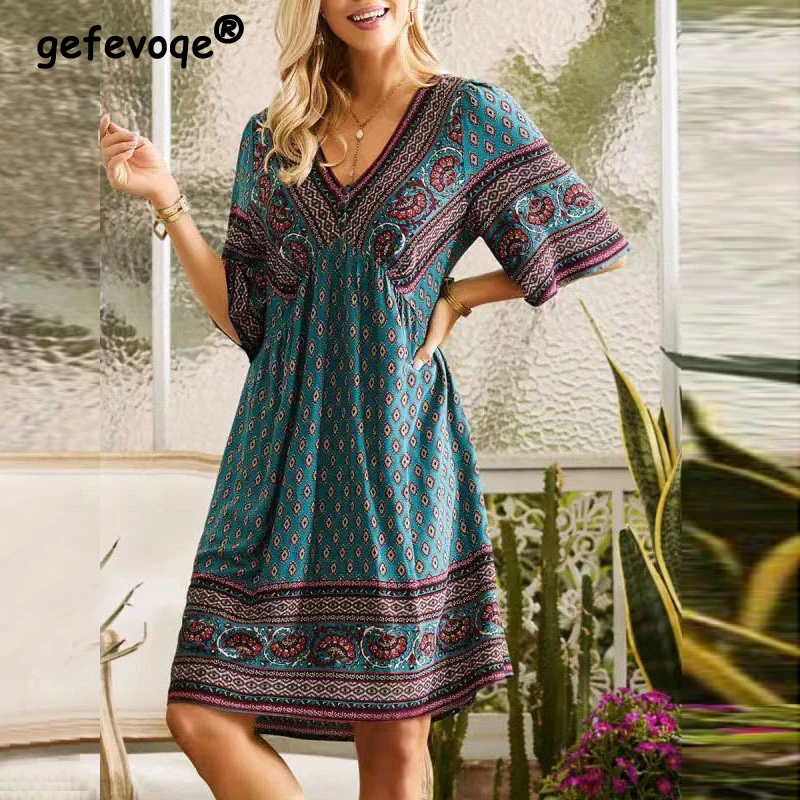 Top Trends: Women Vintage Boho Ethnic Style Print Loose Holiday Beach Midi Dress Summer V Neck Short Sleeve High Waist Elegant Party Dresses Shoppable Styles