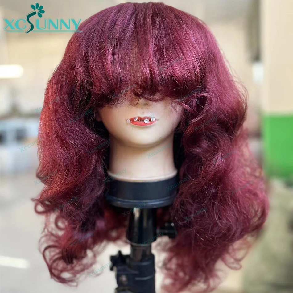 Top Trends: Yaki Wavy Human Hair Wig With Bangs 99j Burgundy Machine Made Wig For Black Women Natural Color Scalp Top Wig Shoppable Styles