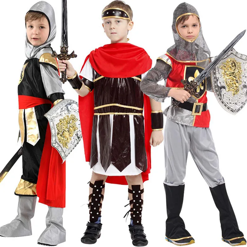 Top Trends: Carnival Medieval Roman Royal Knight Warrior With Cloak Cosplay Costume For Boy Girls Party European Soldier Hat Shoppable Styles