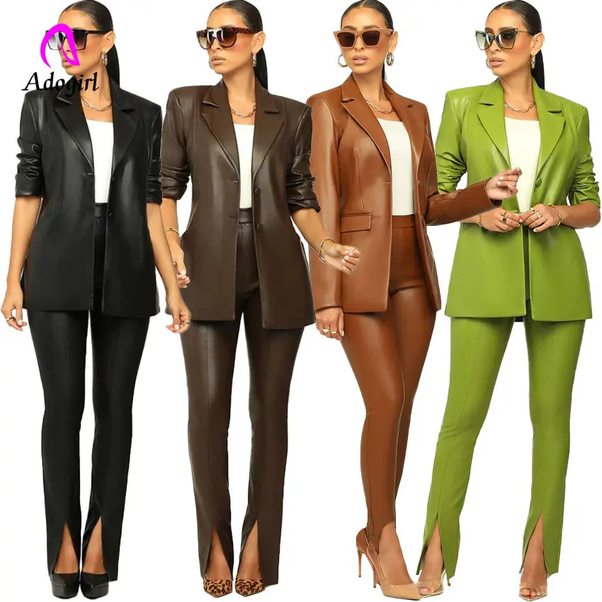 Top Trends: PU Leather Office Lady Women 2 Piece Set Notch Neck Blazer High Waist Pants Matching Set 2022 Autumn Work Wear Slim Tracksuits Shoppable Styles