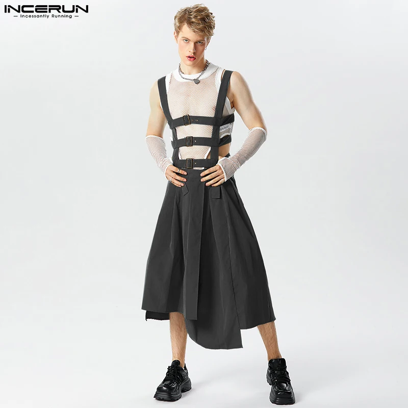 Top Trends: INCERUN 2023 American Style Mens Pleated Design Skirts Pants Casual Street Irregular Hem Solid Straps Half Skirt Jumpsuits S-5XL Shoppable Styles