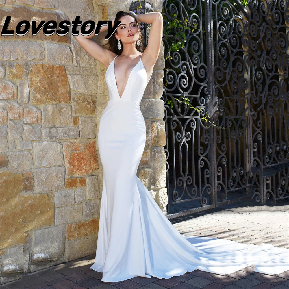 Top Trends: Newest Mermaid Boho Beach Wedding Dresses Deep V-Neck Sleeveless Sexy Backless Bridal Gown Satin Pretty Pleated Bride Robes Robe Shoppable Styles