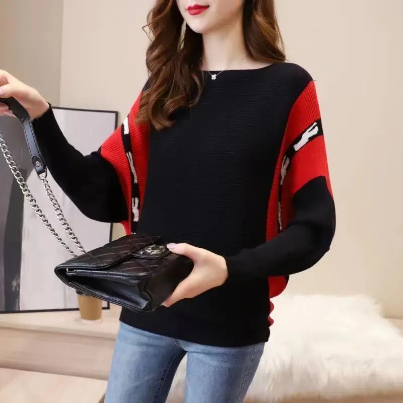 Top Trends: Female Clothing Solid Color Patchwork Jumpers Casual Loose Batwing Sleeve 2023 Autumn Winter Korean Slash Neck Knitted Sweaters Shoppable Styles