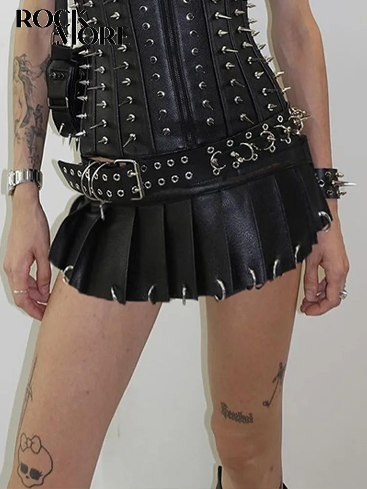 Top Trends: Rockmore Metal Ring Buckle Pleated Leather Skirt One-piece Low Waist Gothic Black Streetwear PU Women&#039;S Mini Skirt Clubwear Sexy Shoppable Styles