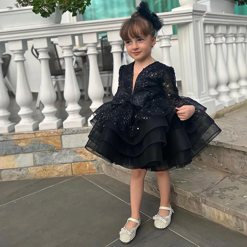 Top Trends: Cute Black Puffy Pageant Gown Long Sleeves Flower Girl Dress A-line Mini Beaded Blue Tiered Wedding Party Dress Birthday Shoppable Styles