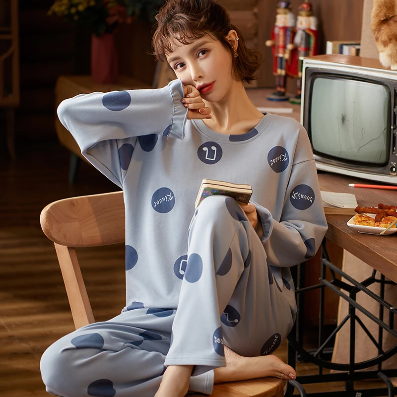 Top Trends: Autumn Sleep Lounge Pajama Long Sleeved Top Polka Dots Women Pajama Sets Cartoon Pyjamas Cotton Sleepwear Women M L XL XXL XXXL Shoppable Styles