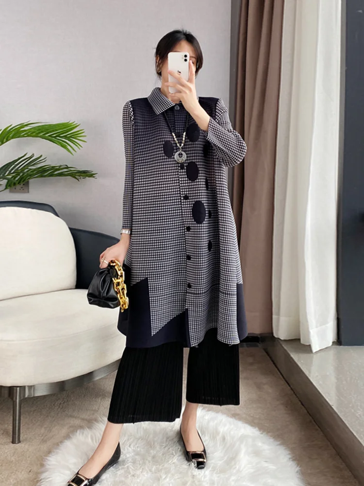 Top Trends: Women Miyake Pleated Dresses Single Breasted Lapel Long Sleeve Color Block Print Lady Loose Luxury Party Clothes 2023 Spring New Shoppable Styles