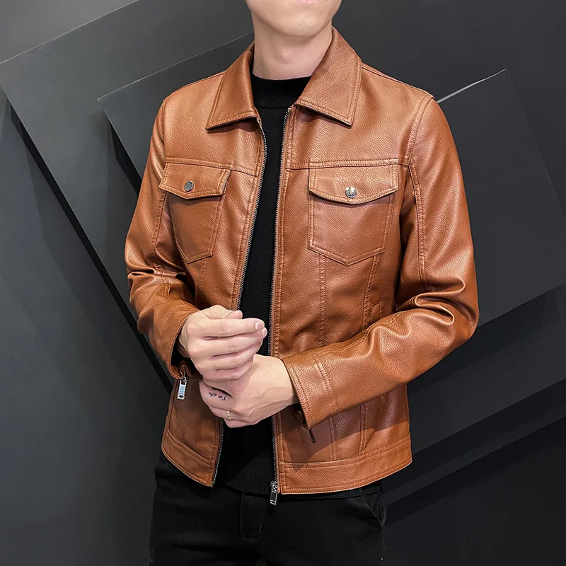 Top Trends: 2022 Autumn Fashion Trend Coats Male New Style Slim Fit Lapel-Up Collar Motorcycle Leather Jacket Men's PU Leather Jacket S-5XL Shoppable Styles - Image 2