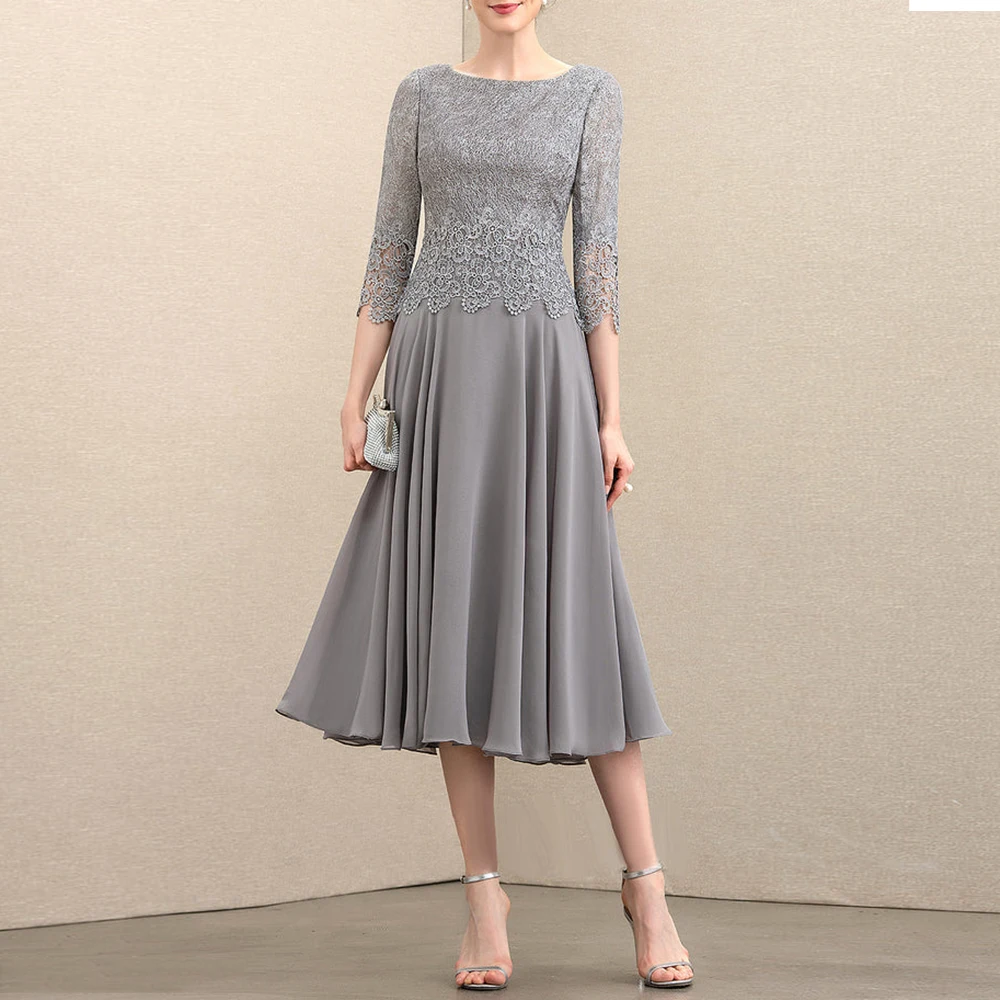 Top Trends: Scoop Neck A-Line Mother Of The Bride Dresses 3 / 4 Sleeve Lace Appliques Ruffles Tea-Length Wedding Guest Prom Dress Mom Gown Shoppable Styles